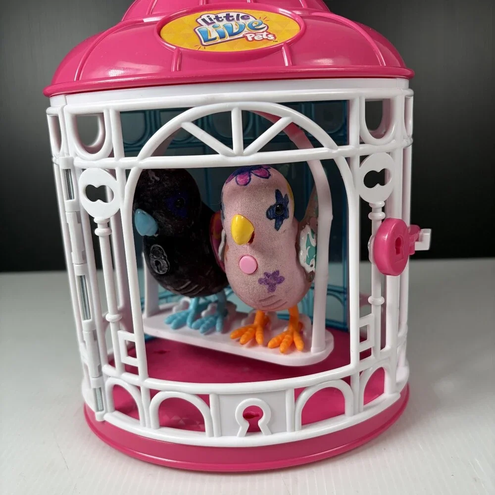 Lot of 2 Little Live Pets Talking Interactive Birds with Pink Birdcage Playset